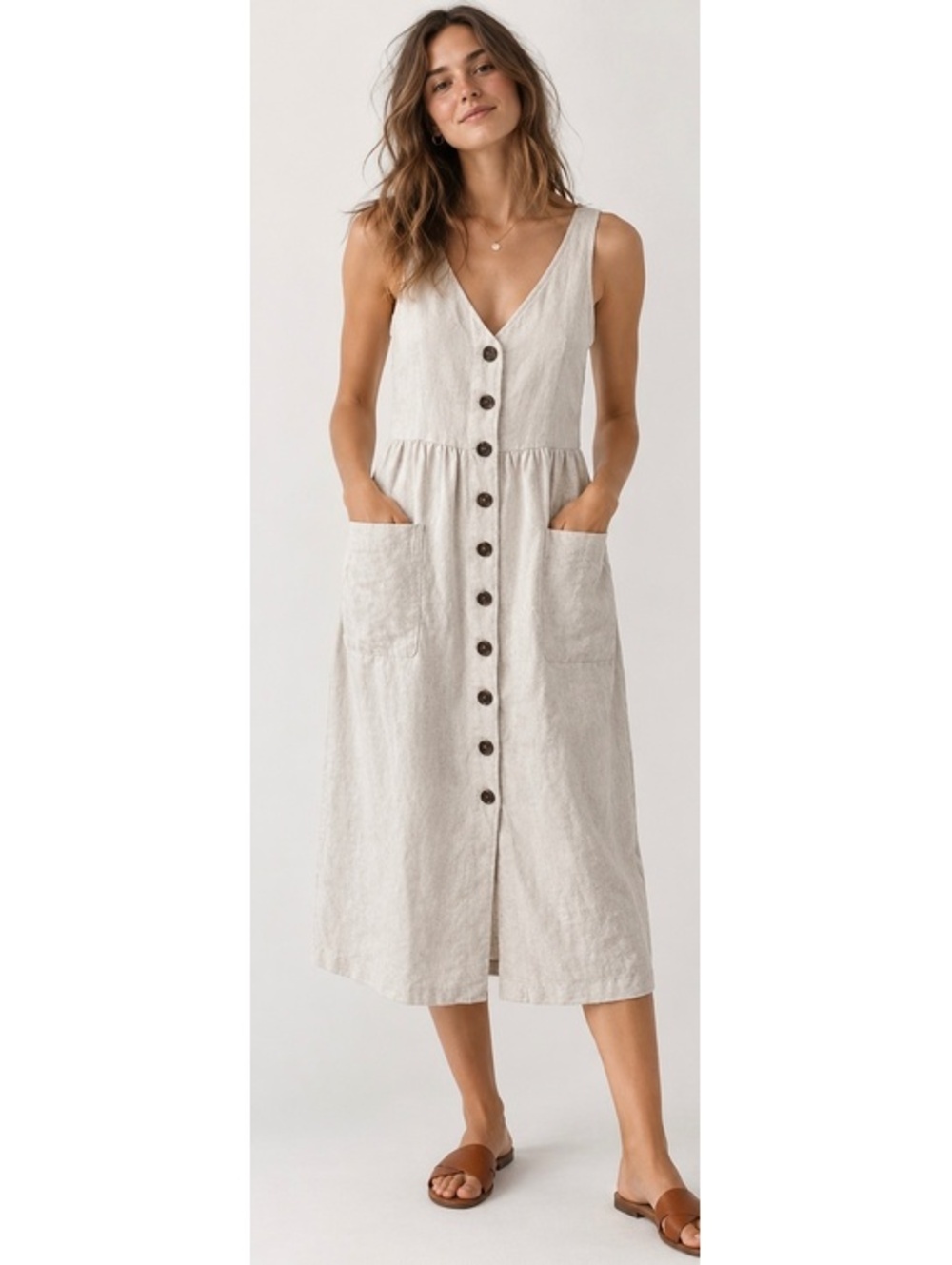 Petite GAP Apron Button-Front Linen Dress in Flax